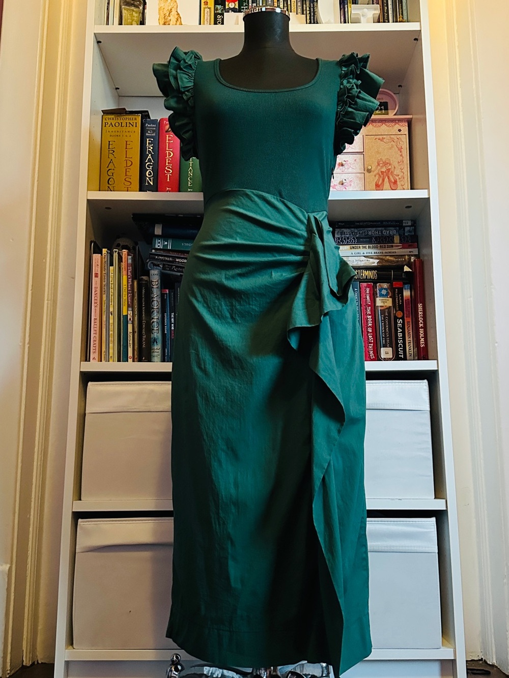 Sugarlips green ruffled pencil dress with ribbed top and slit size XS